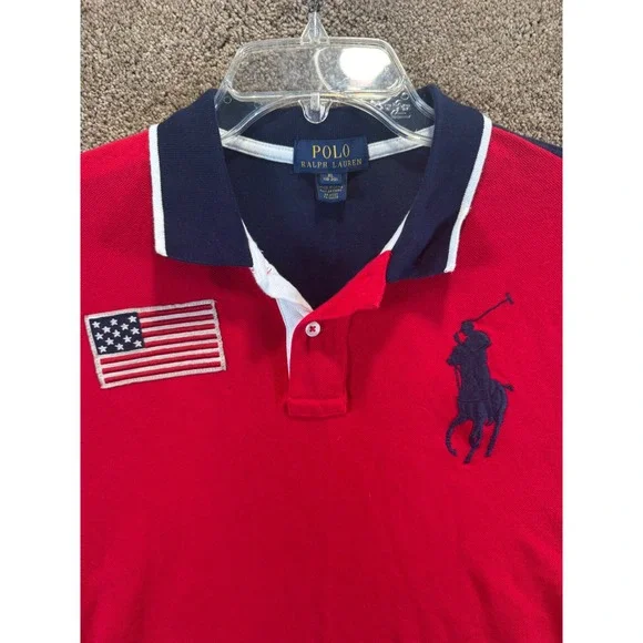 Polo Ralph Lauren Boys XL 18-20 Big Pony Red Navy Blue American Flag Polo Shirt - Picture 1 of 11